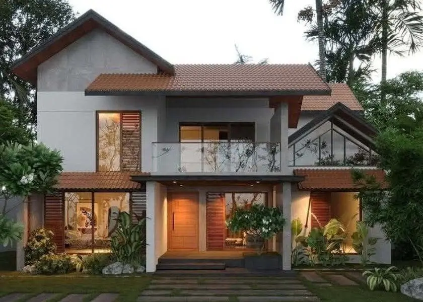 Pencahayaan Sore Hari yang Hangat di Teras Rumah Sederhana tapi Mewah di Desa